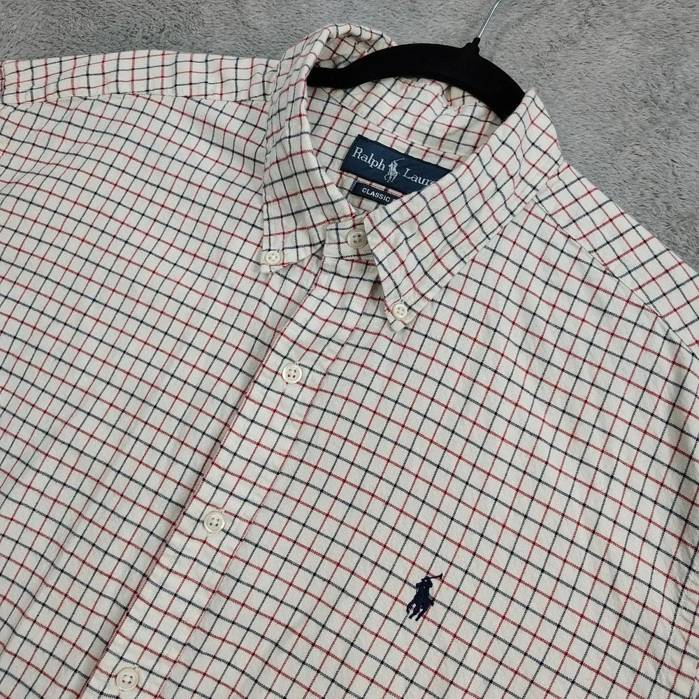 Polo Ralph Lauren Custom Fit Men's XL Ivory Blue Red Check Cotton Button‎ Down